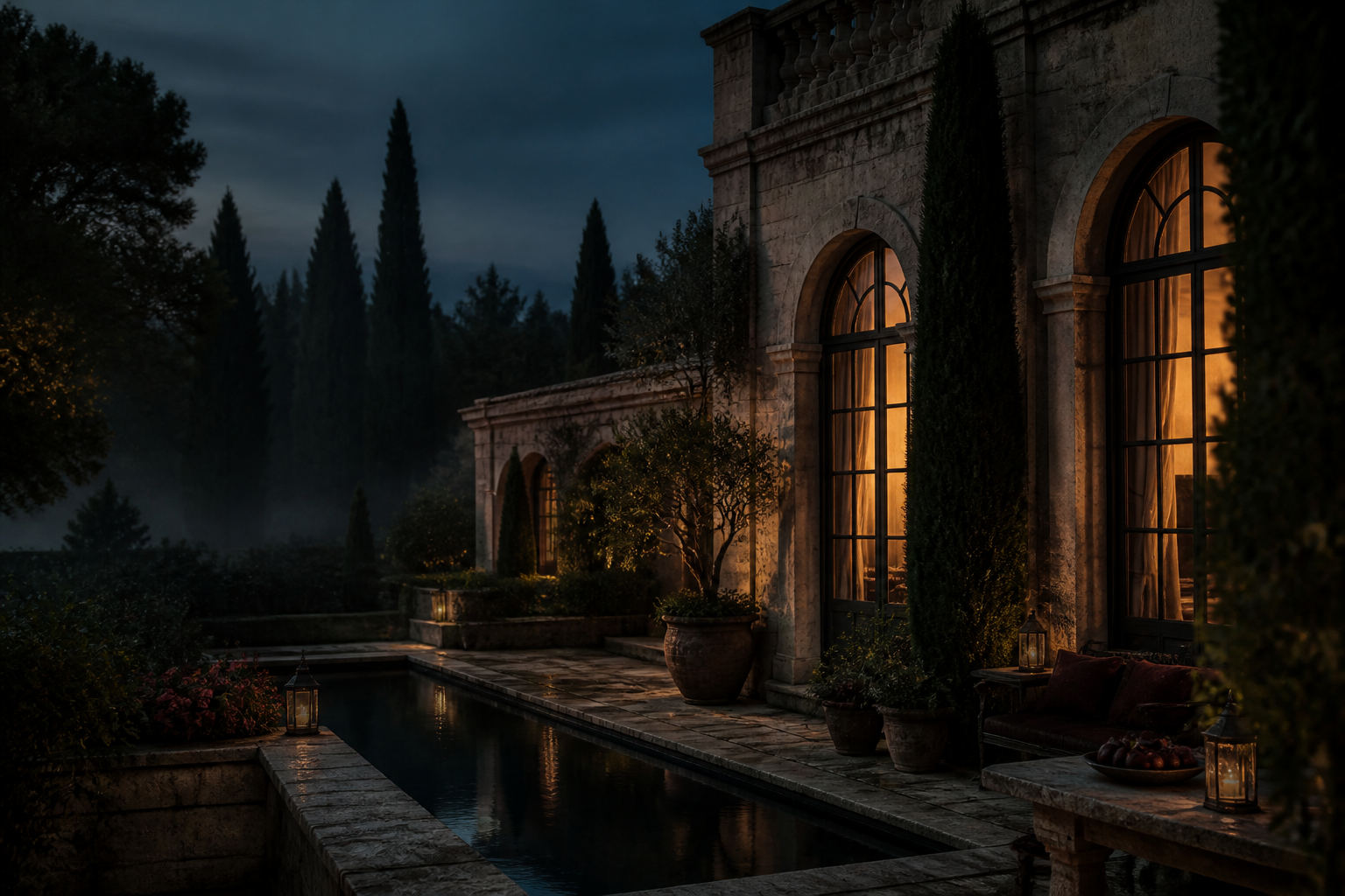A private stone villa at twilight